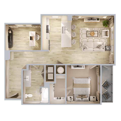 Floor plan for 1 bed, 1 bath, 961 sqft